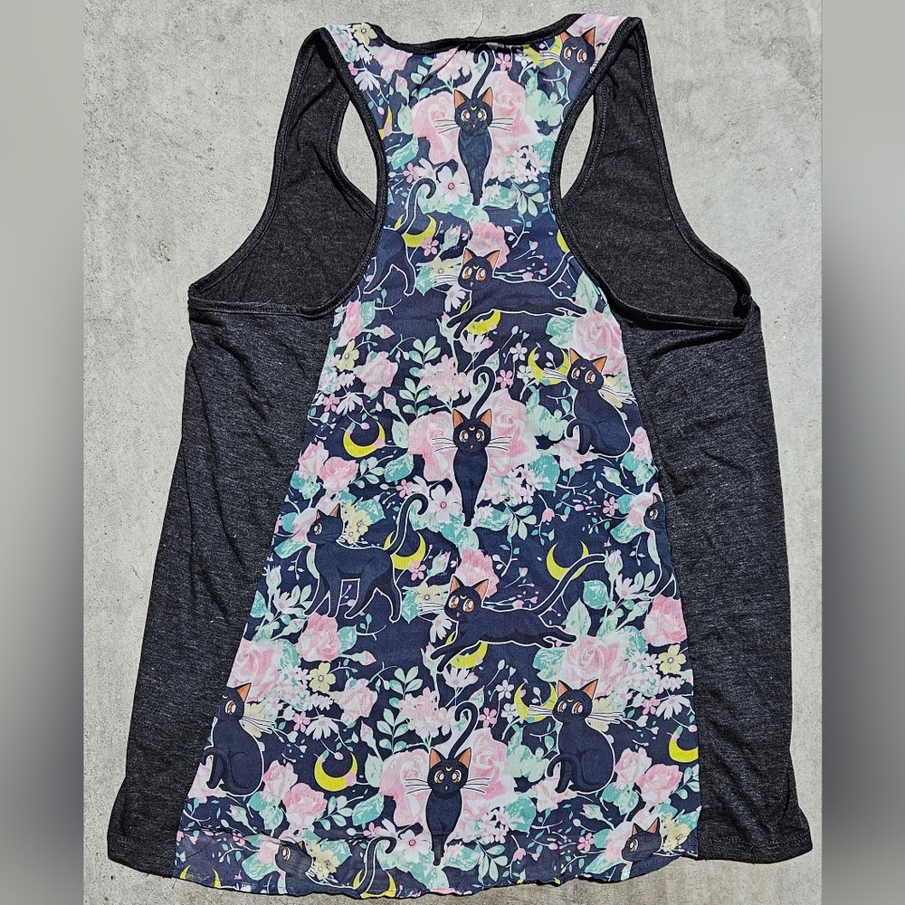 Sailor Moon Sheer Racer Back Tank Top Luna Cat Floral Design NEW